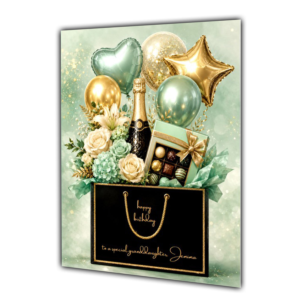 Personalised Birthday Card - Gift Bag with Flowers, Chocolates and Balloons