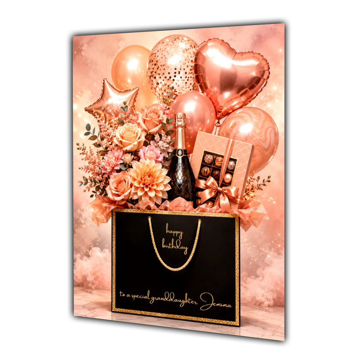 Personalised Birthday Card - Gift Bag with Flowers, Chocolates and Balloons