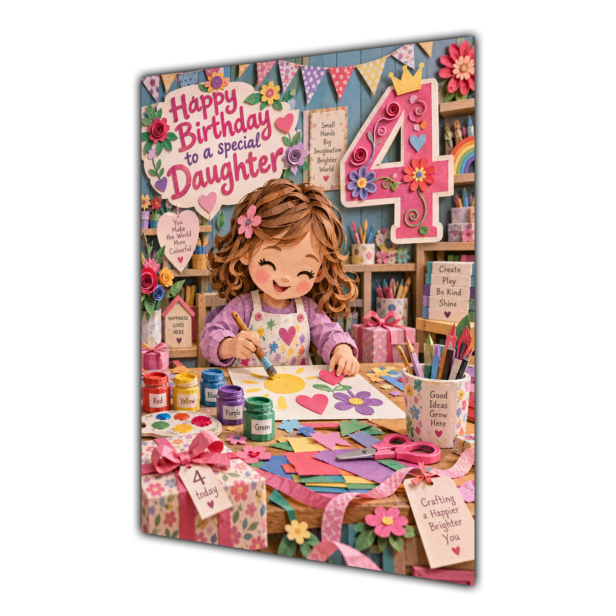 Daughter 4th Birthday Card - Girl Making Arts and Crafts