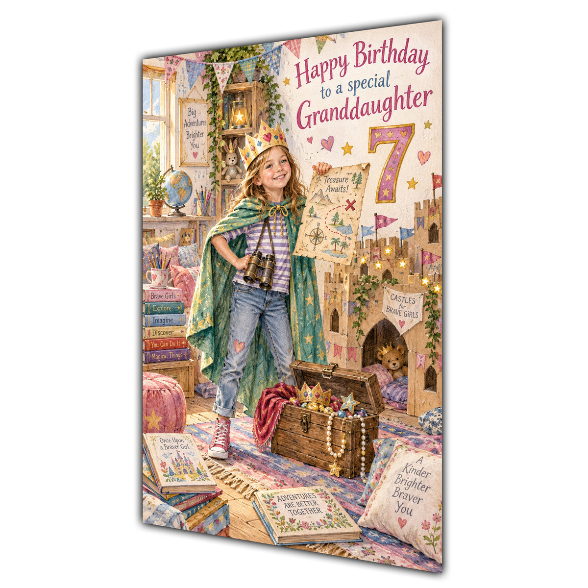 Granddaughter 7th Birthday Card - Girl on a Magical Adventure
