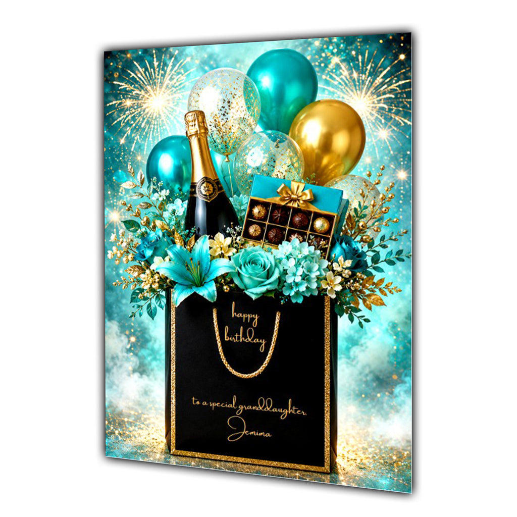 Personalised Birthday Card - Gift Bag with Flowers, Chocolates and Balloons