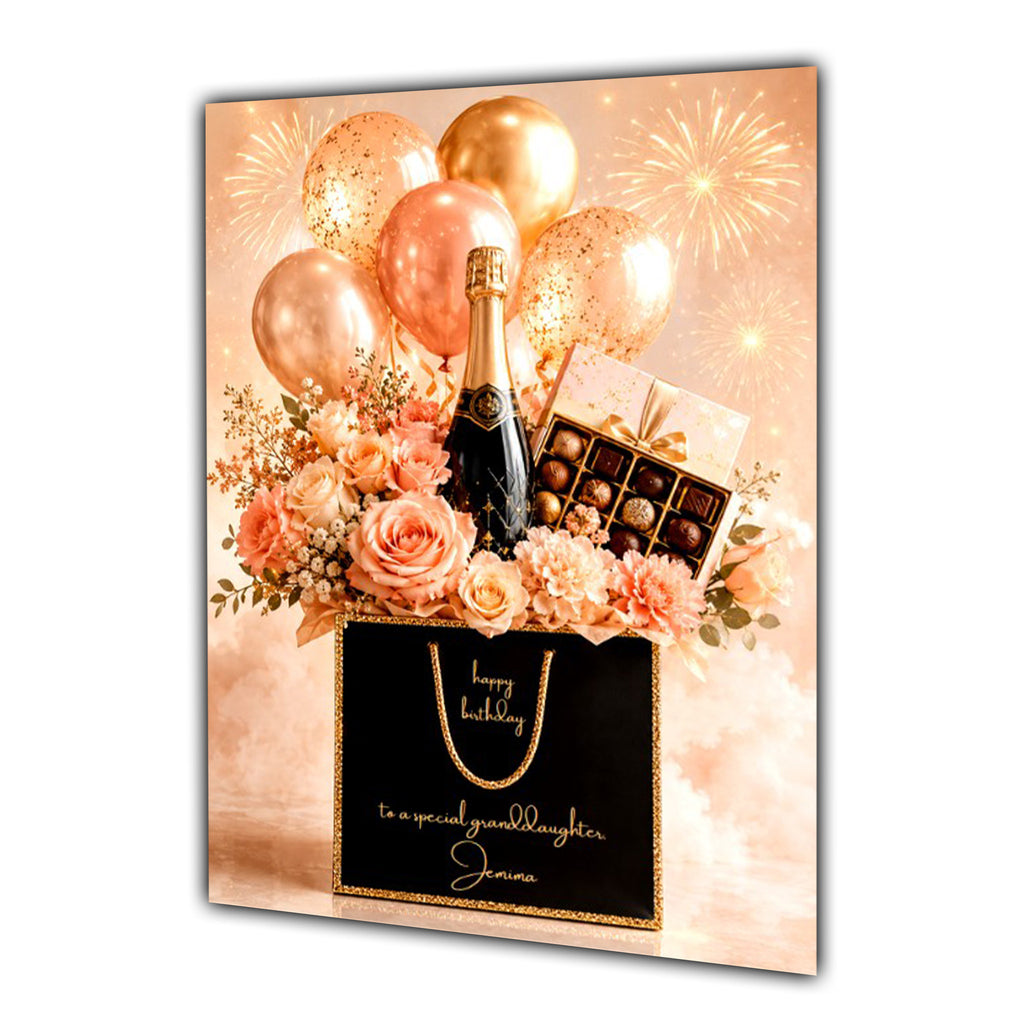 Personalised Birthday Card - Gift Bag with Flowers, Chocolates and Balloons