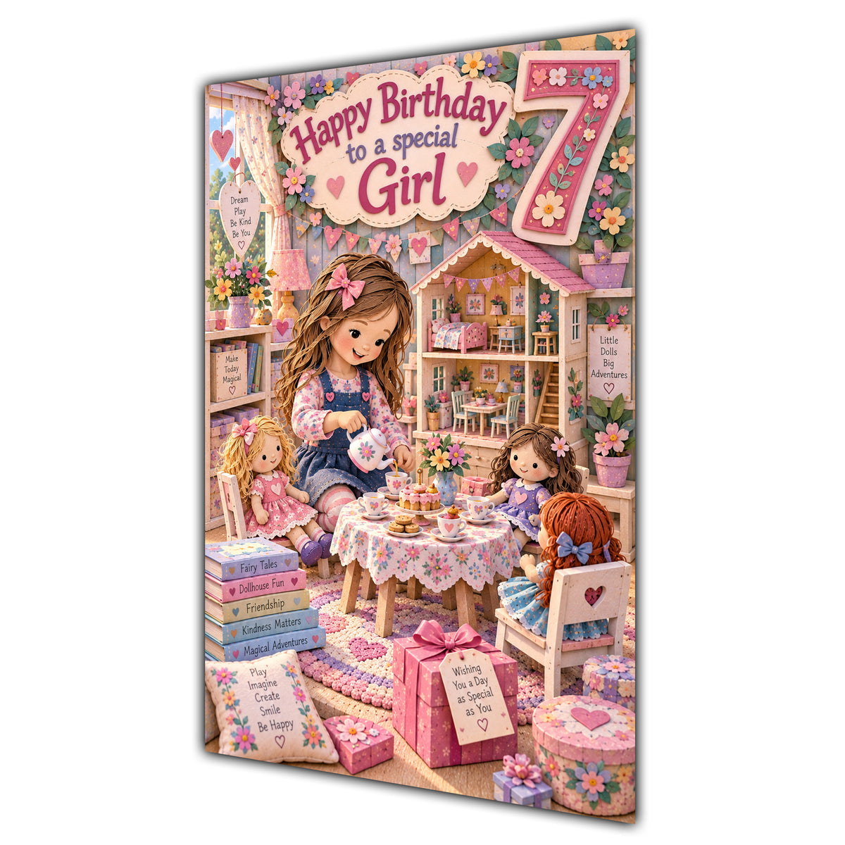 Girl 7th Birthday Card - Dolls Tea Party