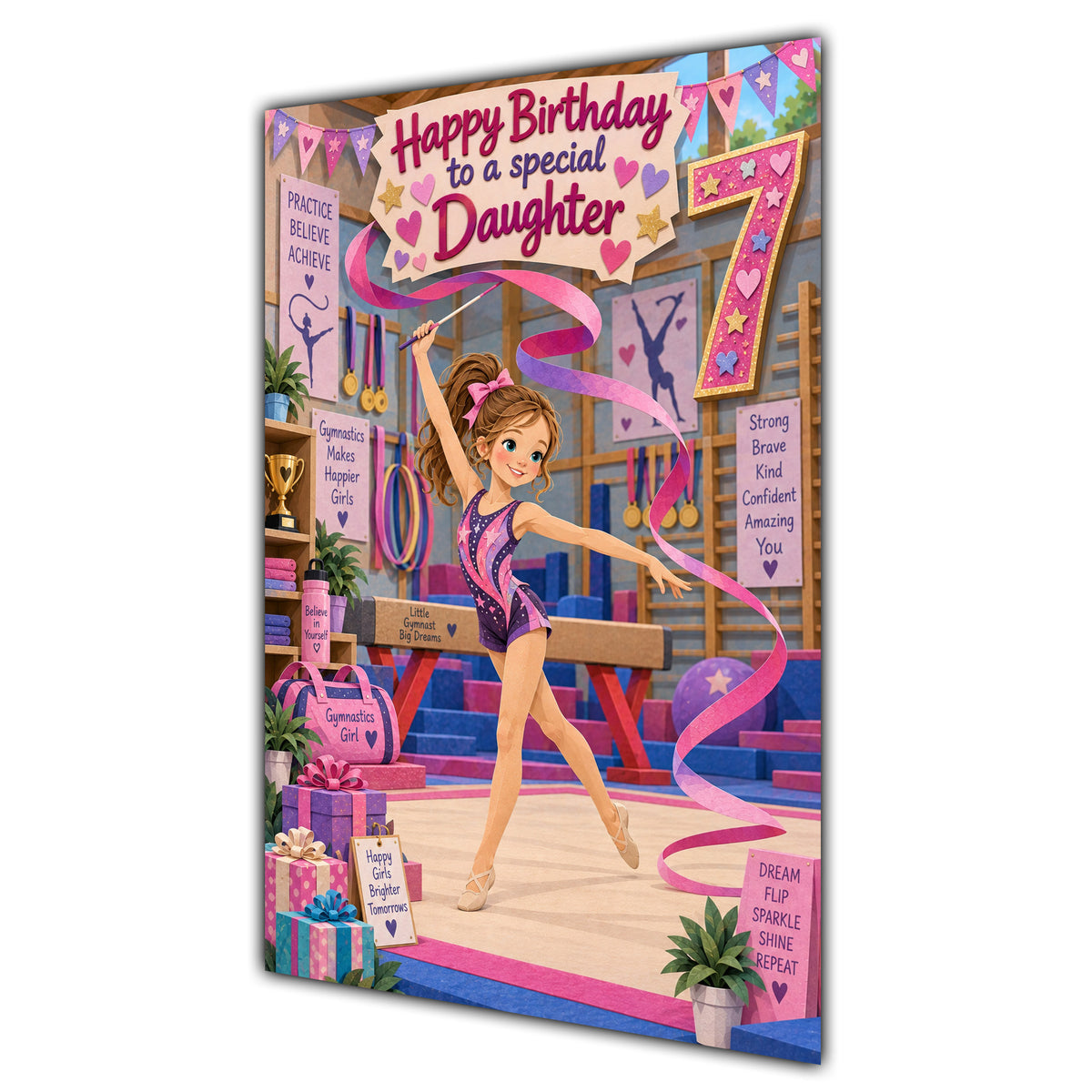 Daughter 7th Birthday Card - Girl Doing Gymnastics