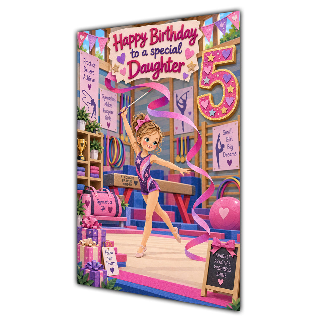 Daughter 5th Birthday Card - Girl Doing Gymnastics