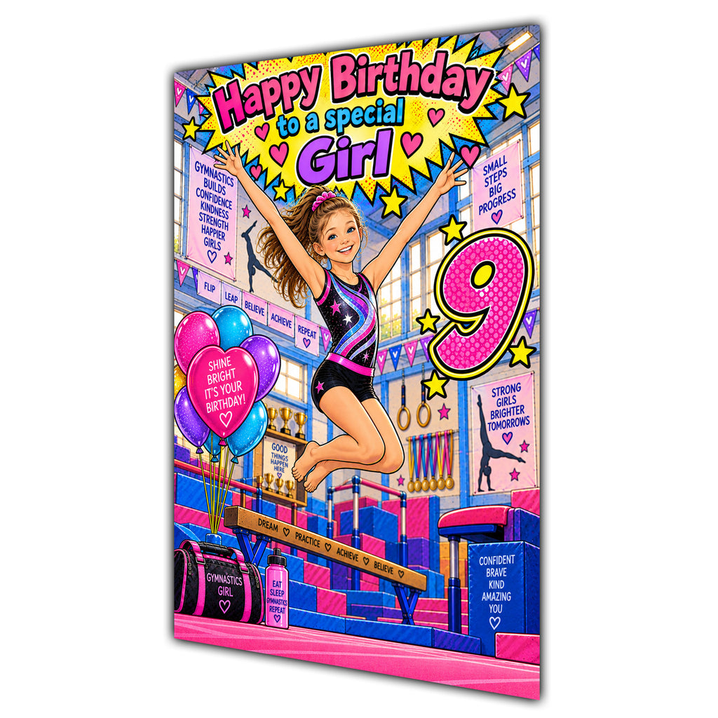 Girl 9th Birthday Card - Girl Doing Gymnastics