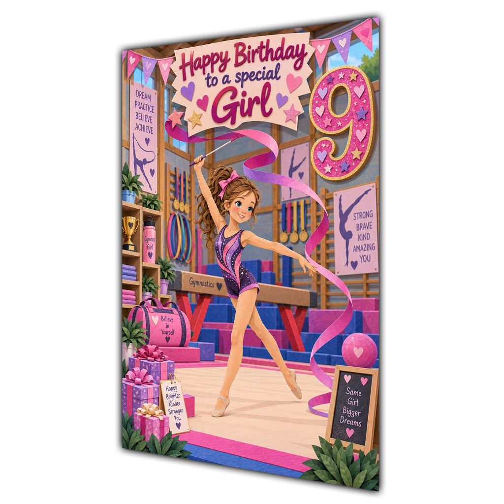 Girl 9th Birthday Card - Girl Doing Gymnastics