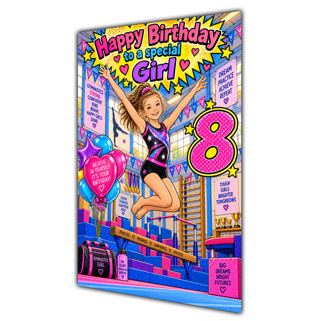 Girl 8th Birthday Card - Girl Doing Gymnastics