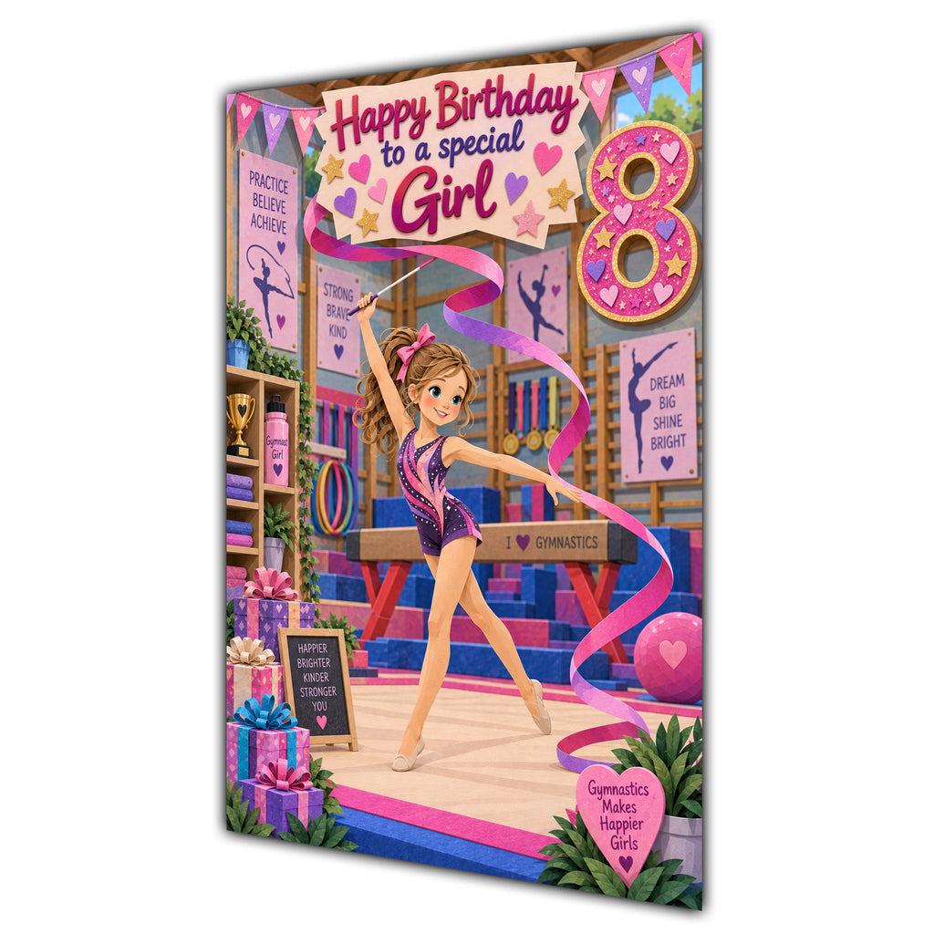Girl 8th Birthday Card - Girl Doing Gymnastics