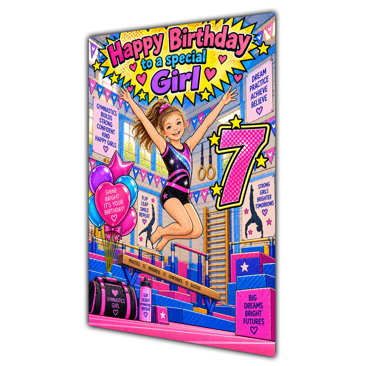 Girl 7th Birthday Card - Girl Doing Gymnastics