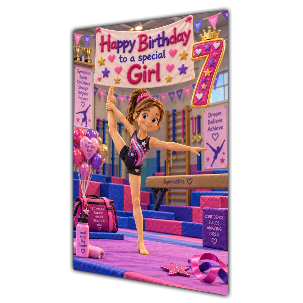 Girl 7th Birthday Card - Girl Doing Gymnastics