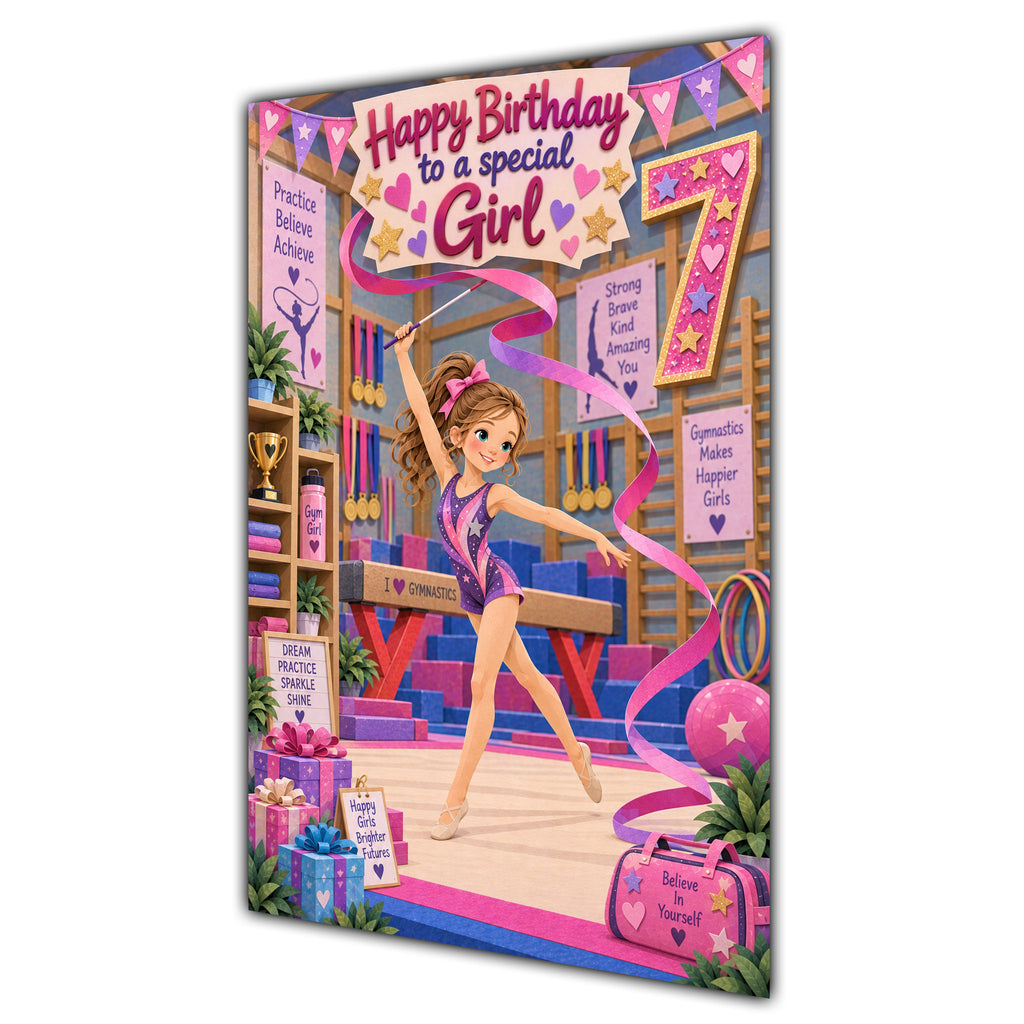Girl 7th Birthday Card - Girl Doing Gymnastics