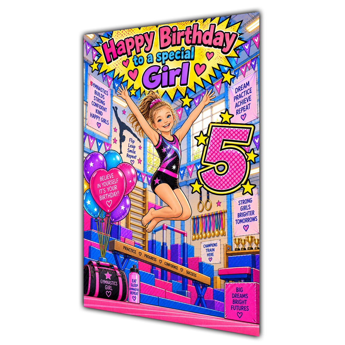 Girl 5th Birthday Card - Girl Doing Gymnastics