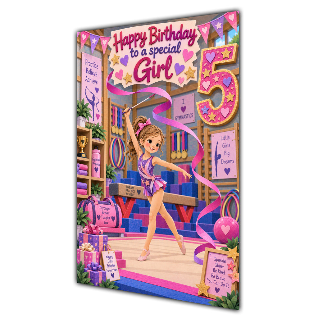 Girl 5th Birthday Card - Girl Doing Gymnastics