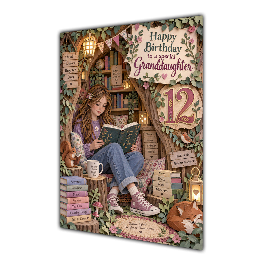 Granddaughter 12th Birthday Card - Girl Reading a Book