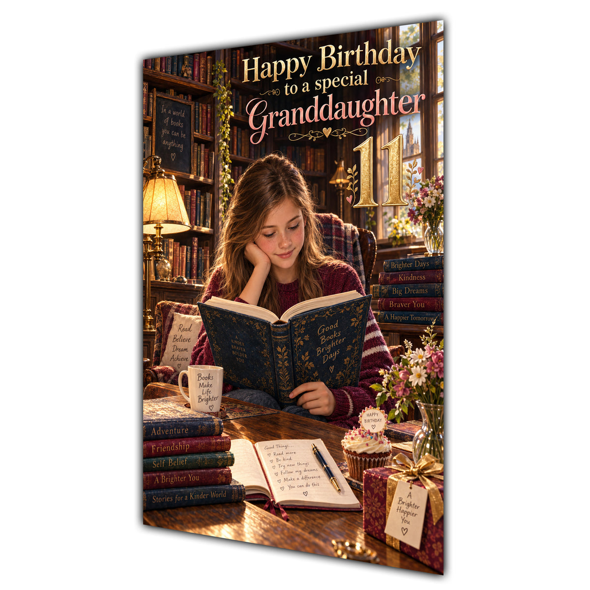 Granddaughter 11th Birthday Card - Girl Reading a Book