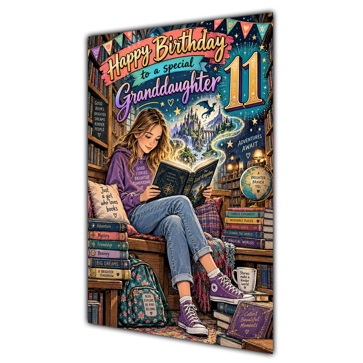 Granddaughter 11th Birthday Card - Girl Reading a Book