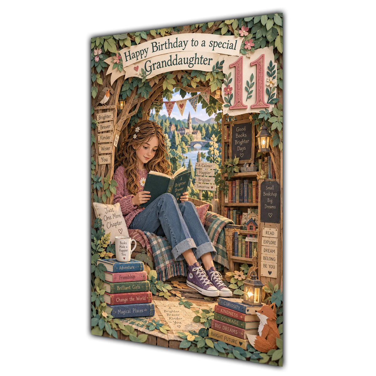 Granddaughter 11th Birthday Card - Girl Reading a Book