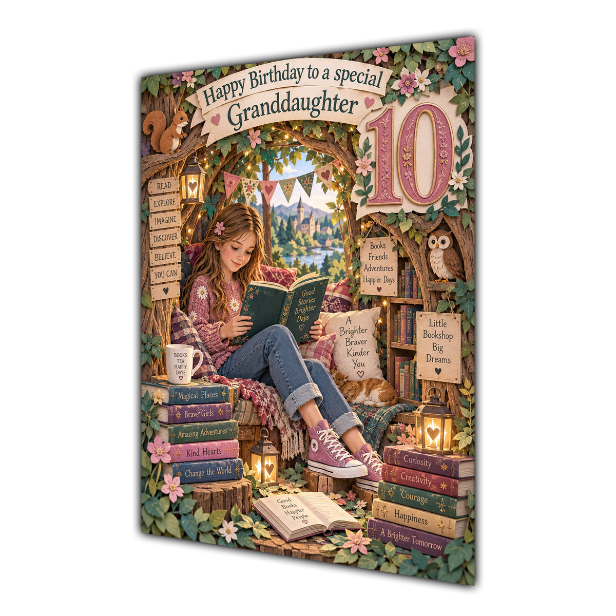Granddaughter 10th Birthday Card - Girl Reading a Book
