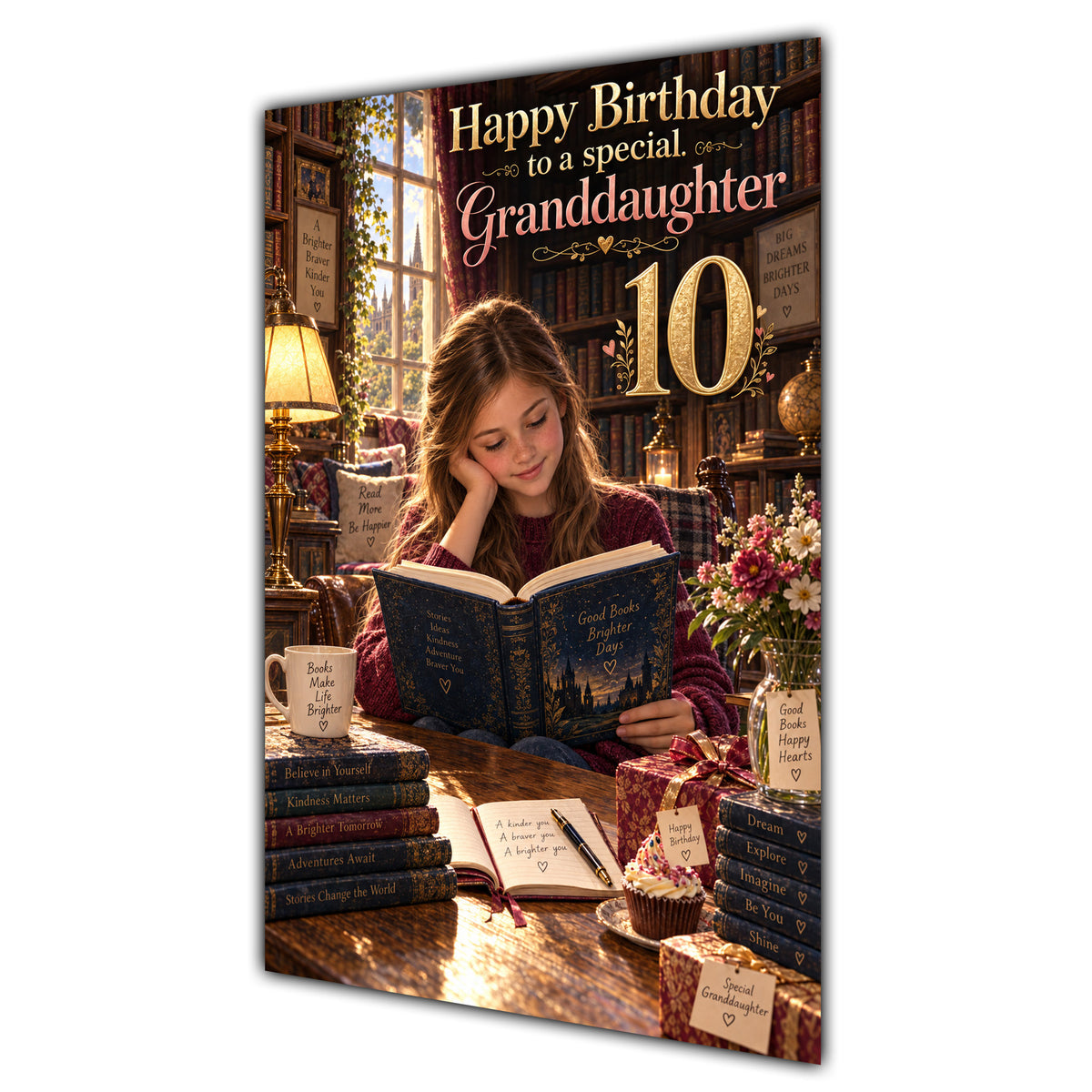 Granddaughter 10th Birthday Card - Girl Reading a Book