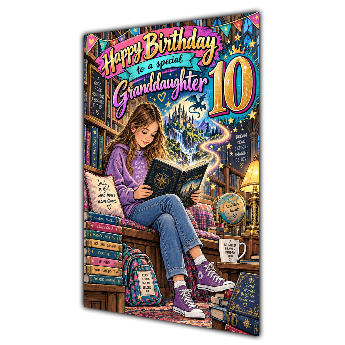 Granddaughter 10th Birthday Card - Girl Reading a Book