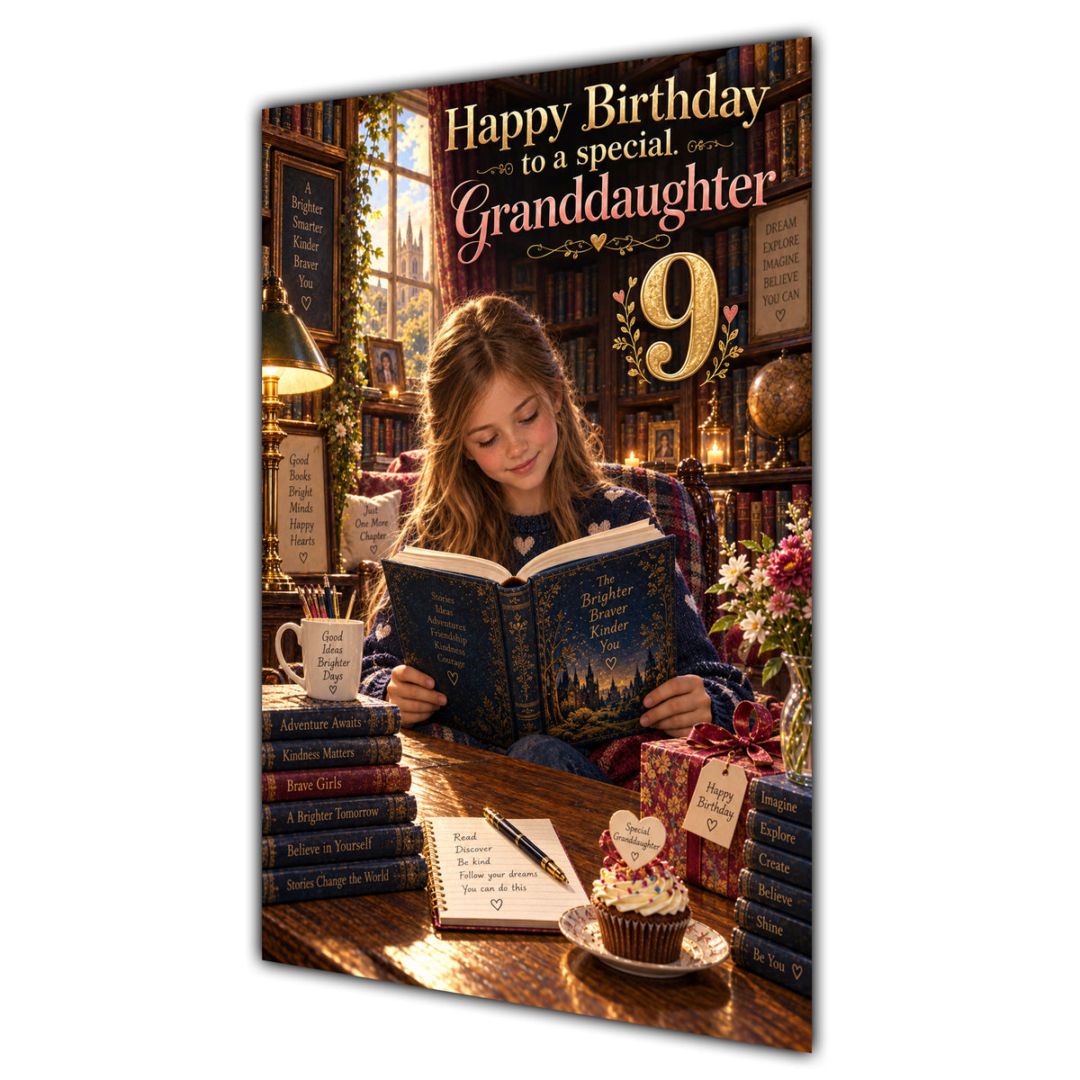 Granddaughter 9th Birthday Card - Girl Reading a Book