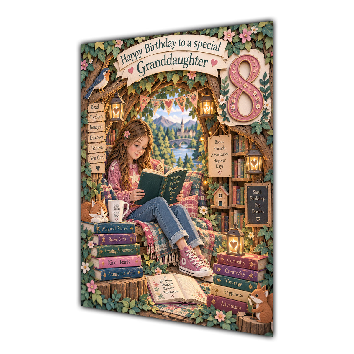 Granddaughter 8th Birthday Card - Girl Reading a Book