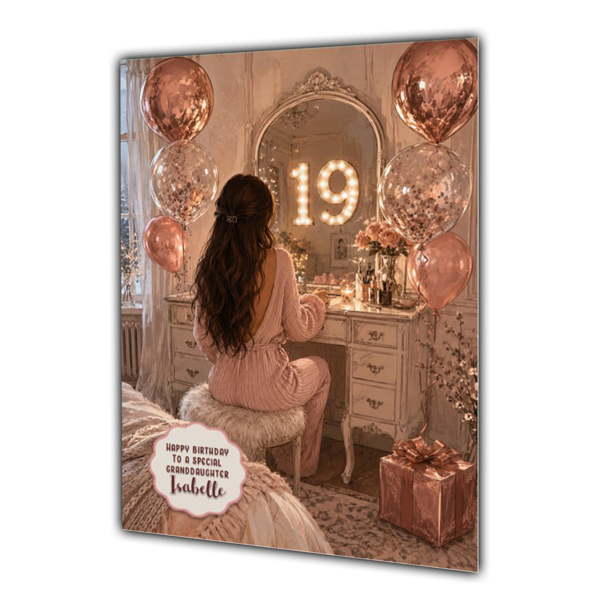 19th Birthday Card For Girls, Daughter, Granddaughter, Niece, Brown Hair, Dressing Table