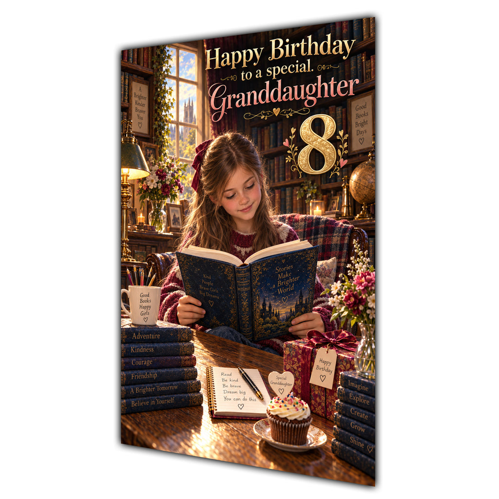 Granddaughter 8th Birthday Card - Girl Reading a Book
