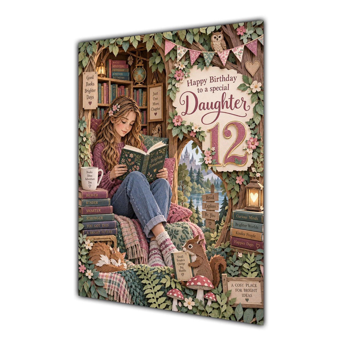 Daughter 12th Birthday Card - Girl Reading a Book