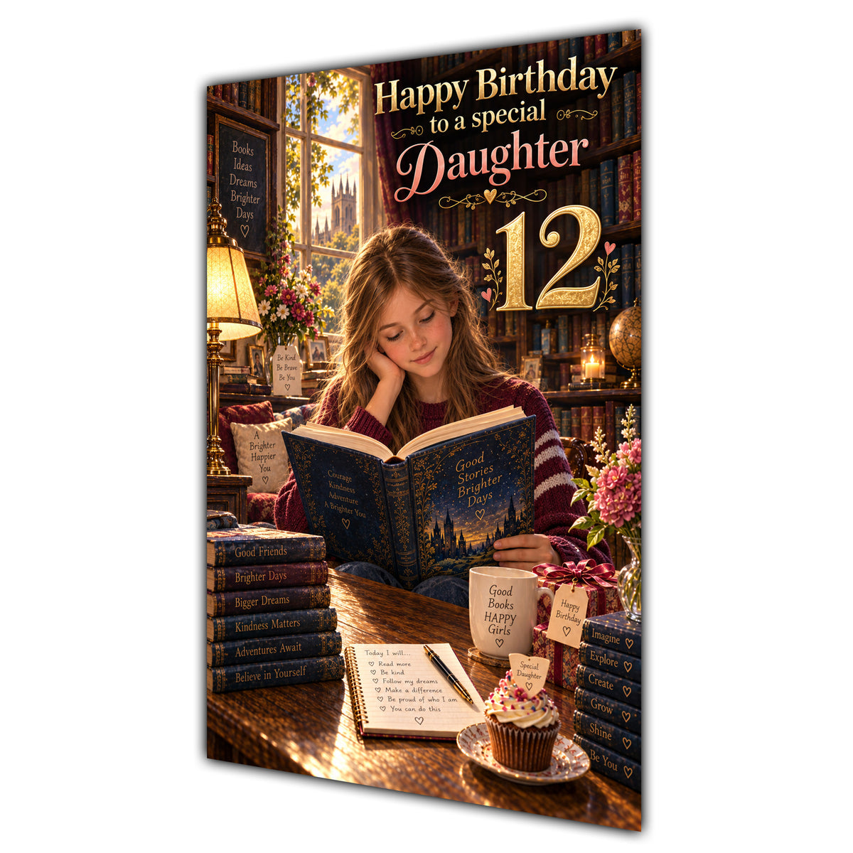 Daughter 12th Birthday Card - Girl Reading a Book
