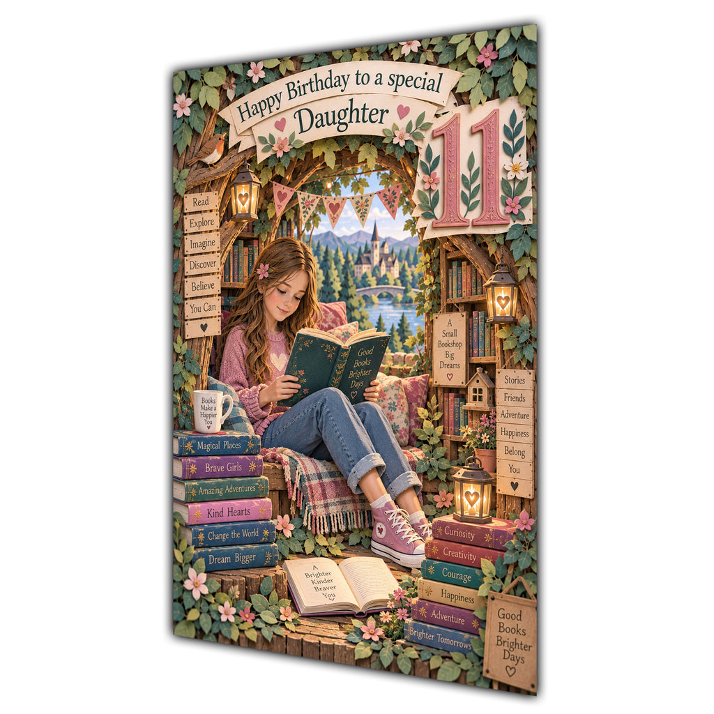 Daughter 11th Birthday Card - Girl Reading a Book