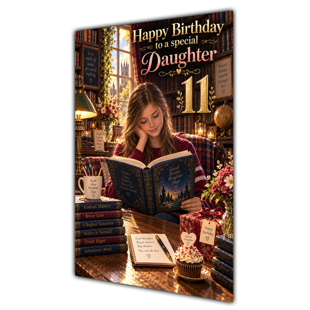 Daughter 11th Birthday Card - Girl Reading a Book