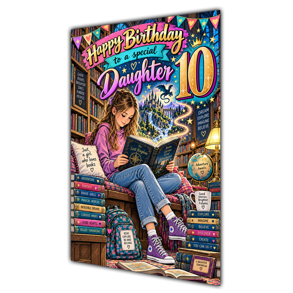Daughter 10th Birthday Card - Girl Reading a Book