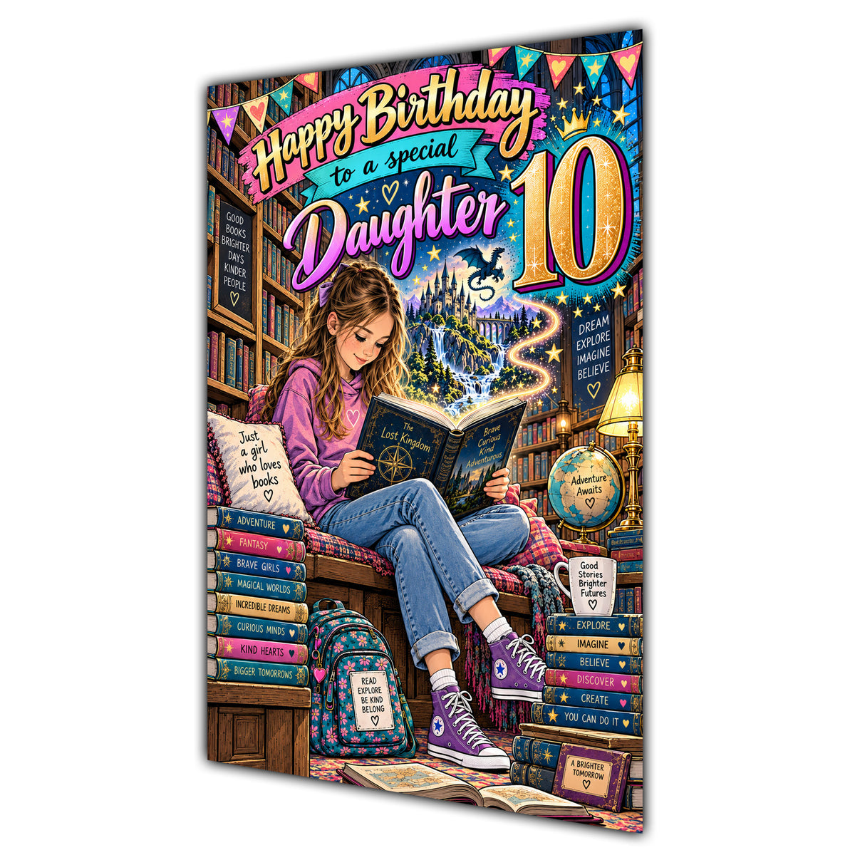 Daughter 10th Birthday Card - Girl Reading a Book