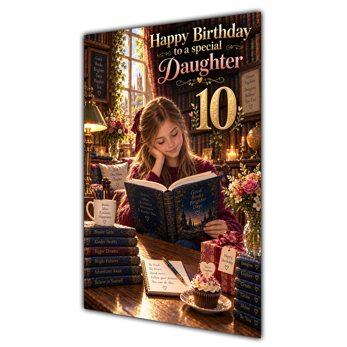 Daughter 10th Birthday Card - Girl Reading a Book