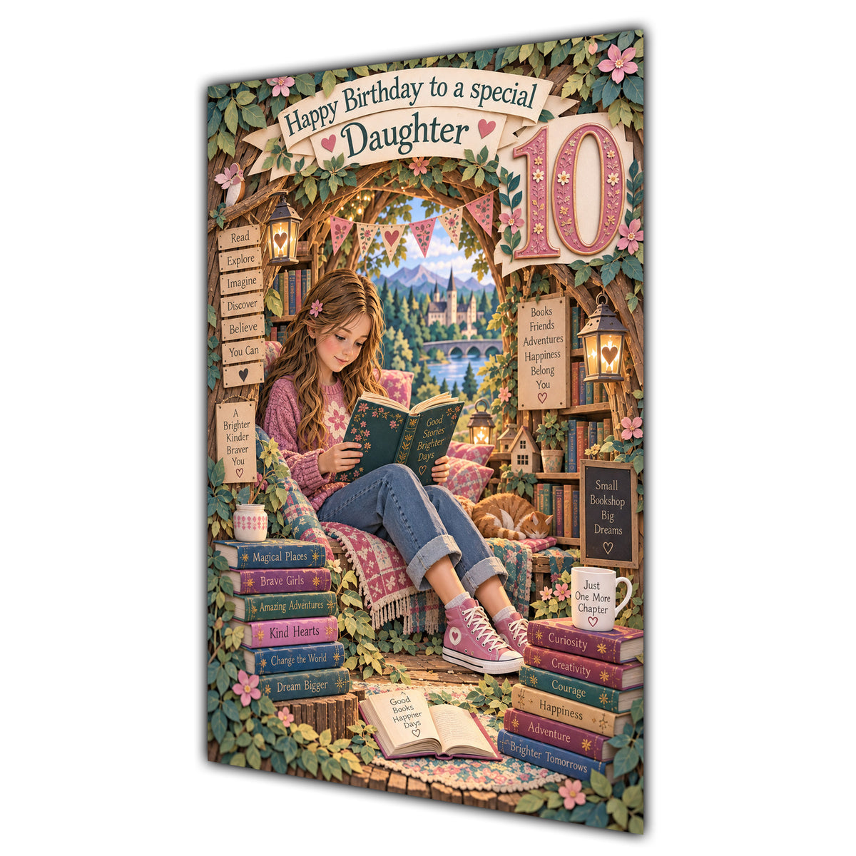 Daughter 10th Birthday Card - Girl Reading a Book