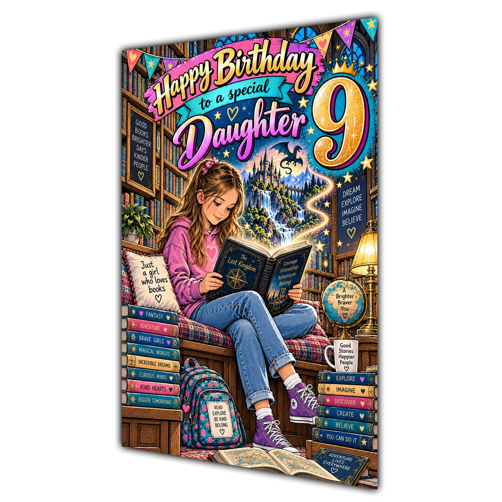 Daughter 9th Birthday Card - Girl Reading a Book