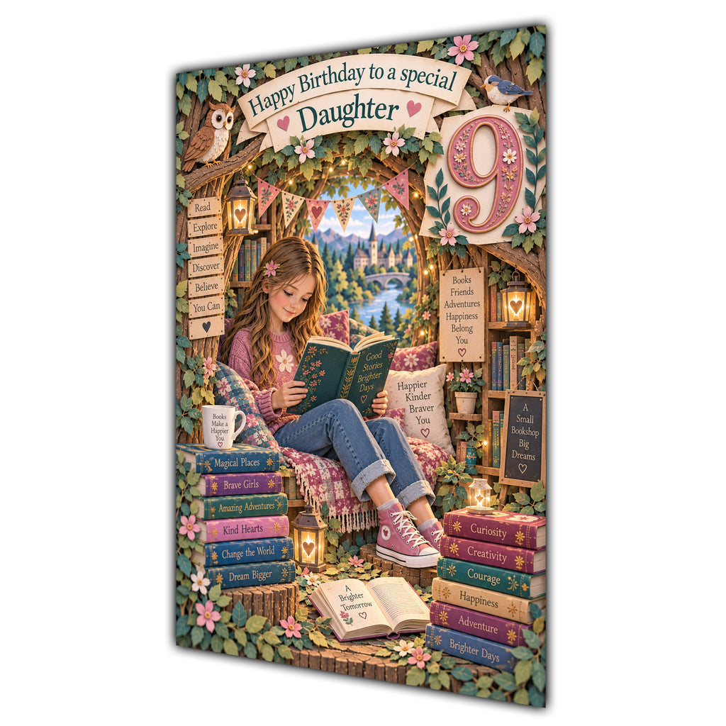 Daughter 9th Birthday Card - Girl Reading a Book