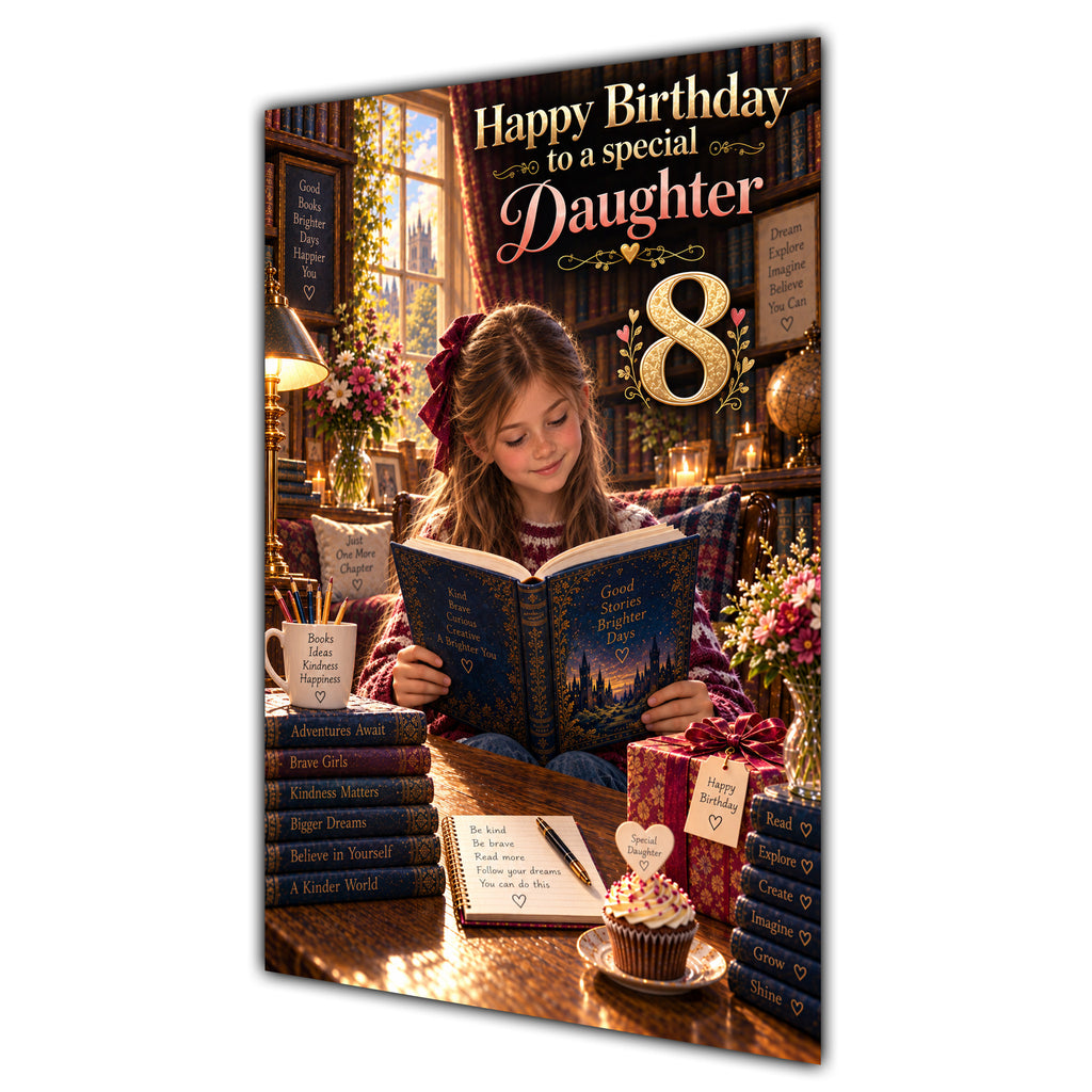 Daughter 8th Birthday Card - Girl Reading a Book