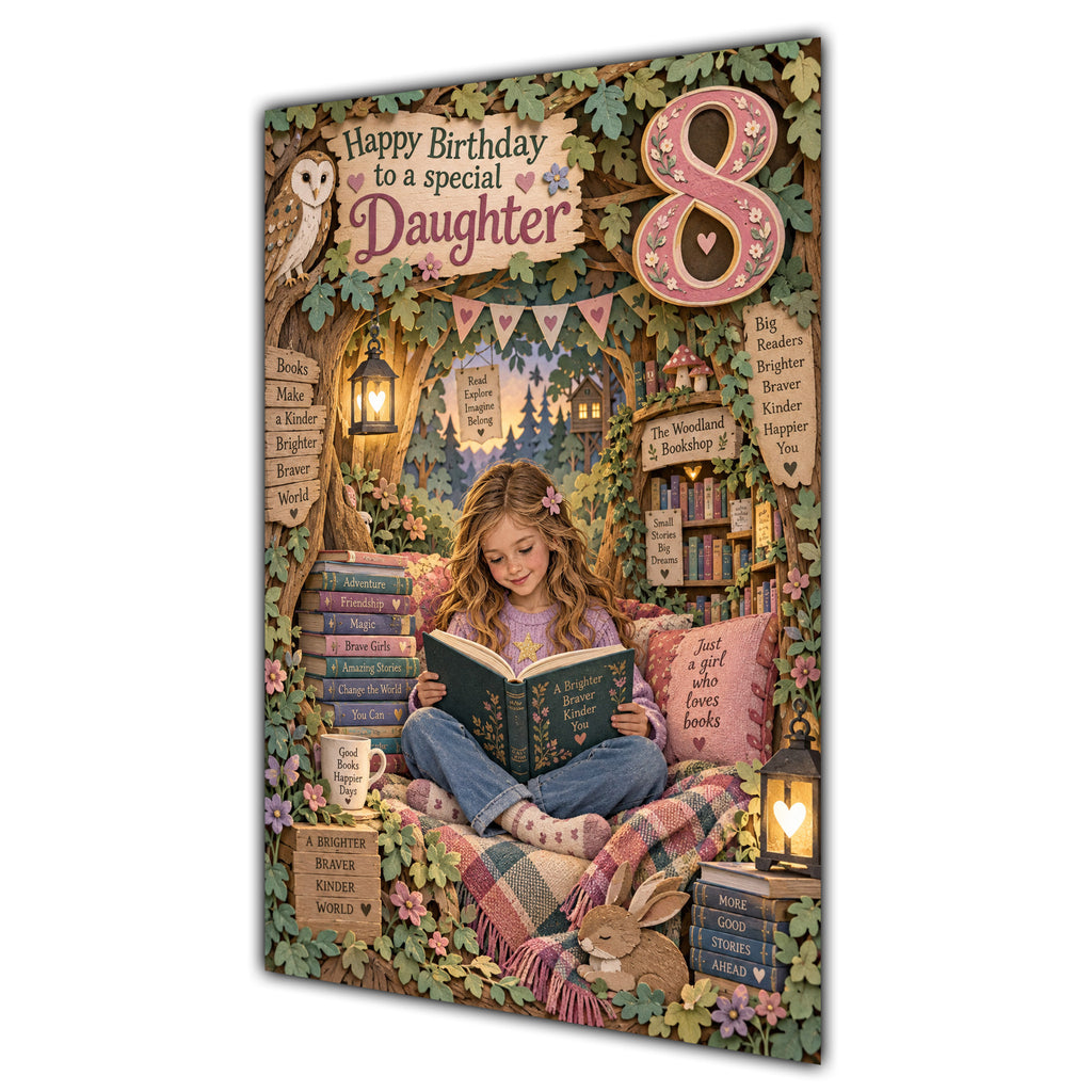 Daughter 8th Birthday Card - Girl Reading a Book