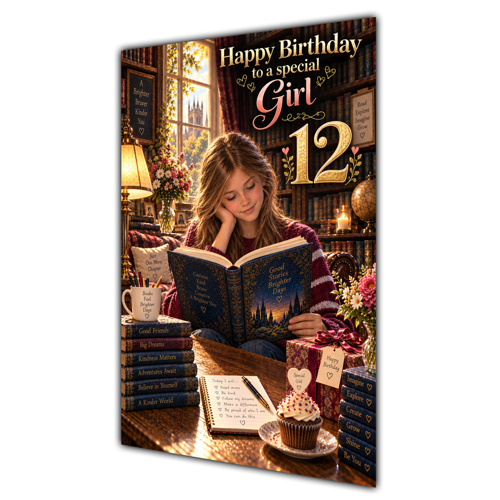 Girl 12th Birthday Card - Girl Reading a Book