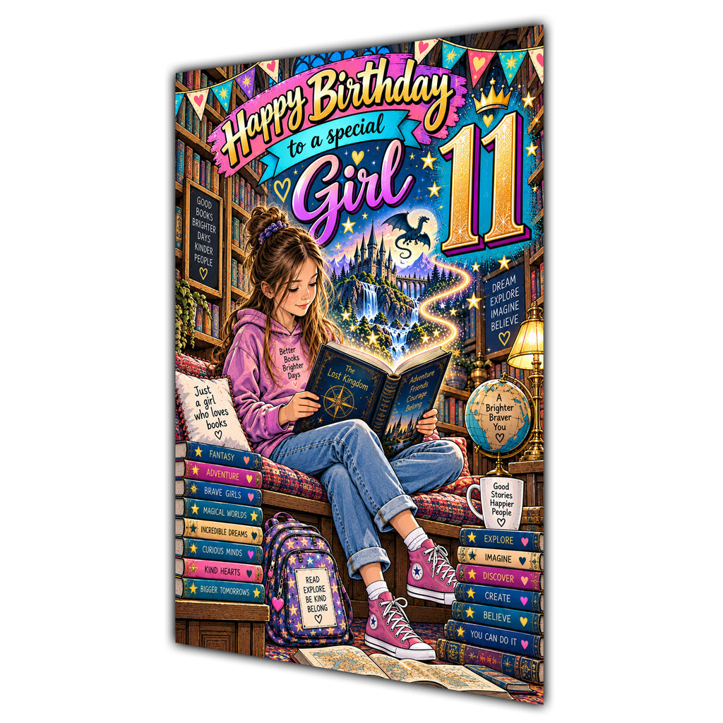 Girl 11th Birthday Card - Girl Reading a Book