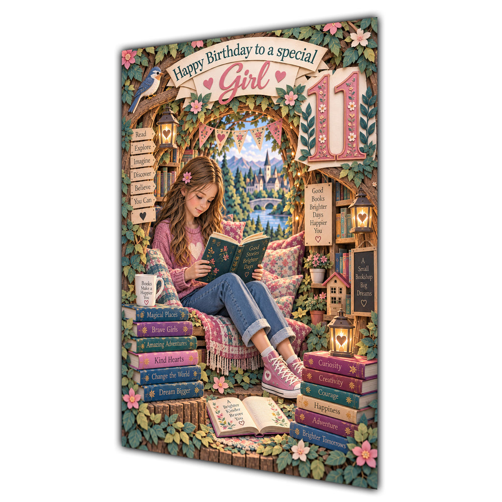Girl 11th Birthday Card - Girl Reading a Book