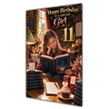 Girl 11th Birthday Card - Girl Reading a Book