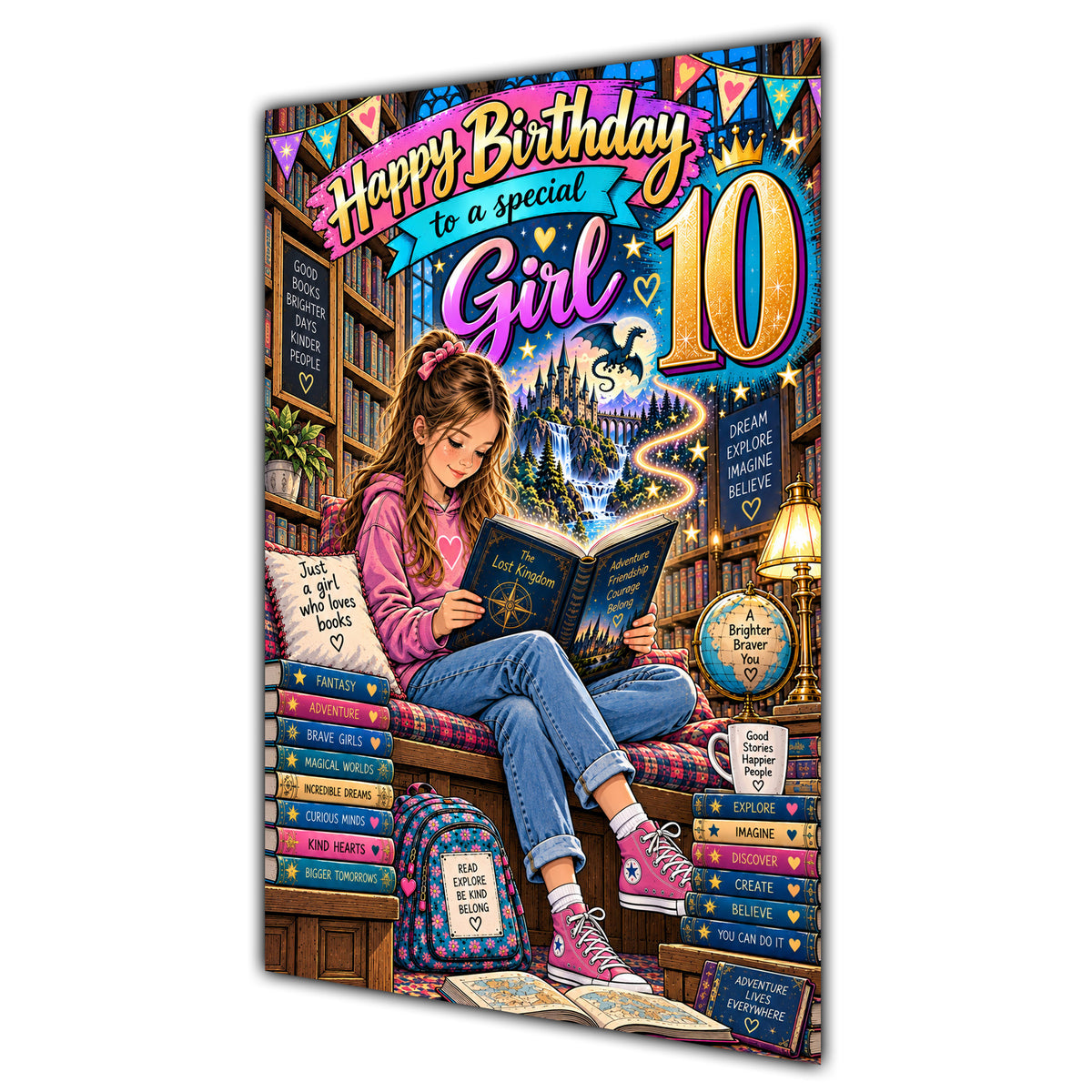 Girl 10th Birthday Card - Girl Reading a Book