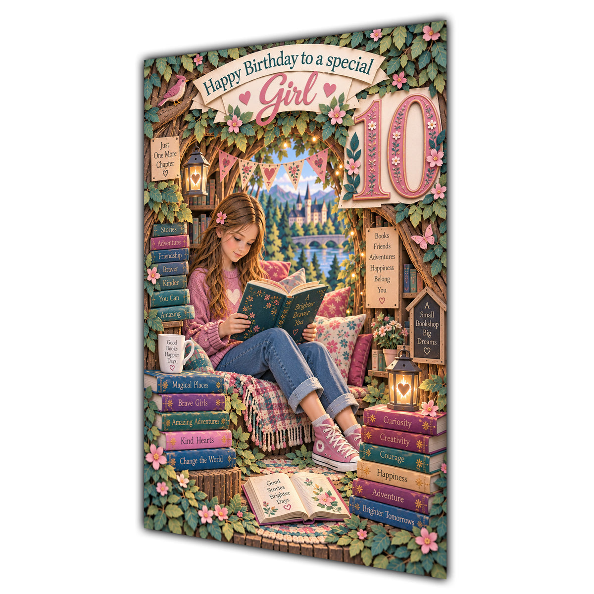 Girl 10th Birthday Card - Girl Reading a Book