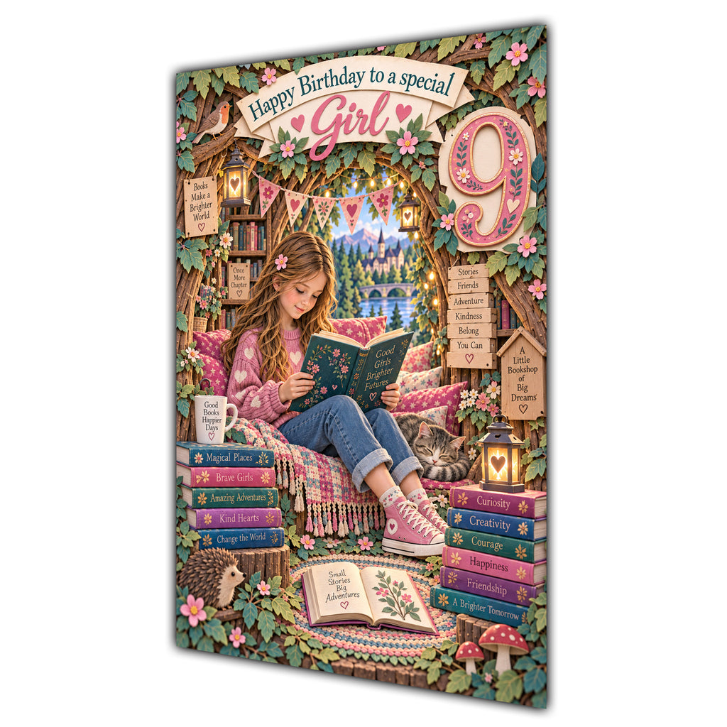 Girl 9th Birthday Card - Girl Reading a Book
