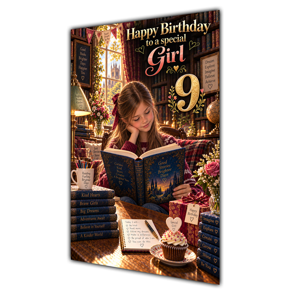 Girl 9th Birthday Card - Girl Reading a Book