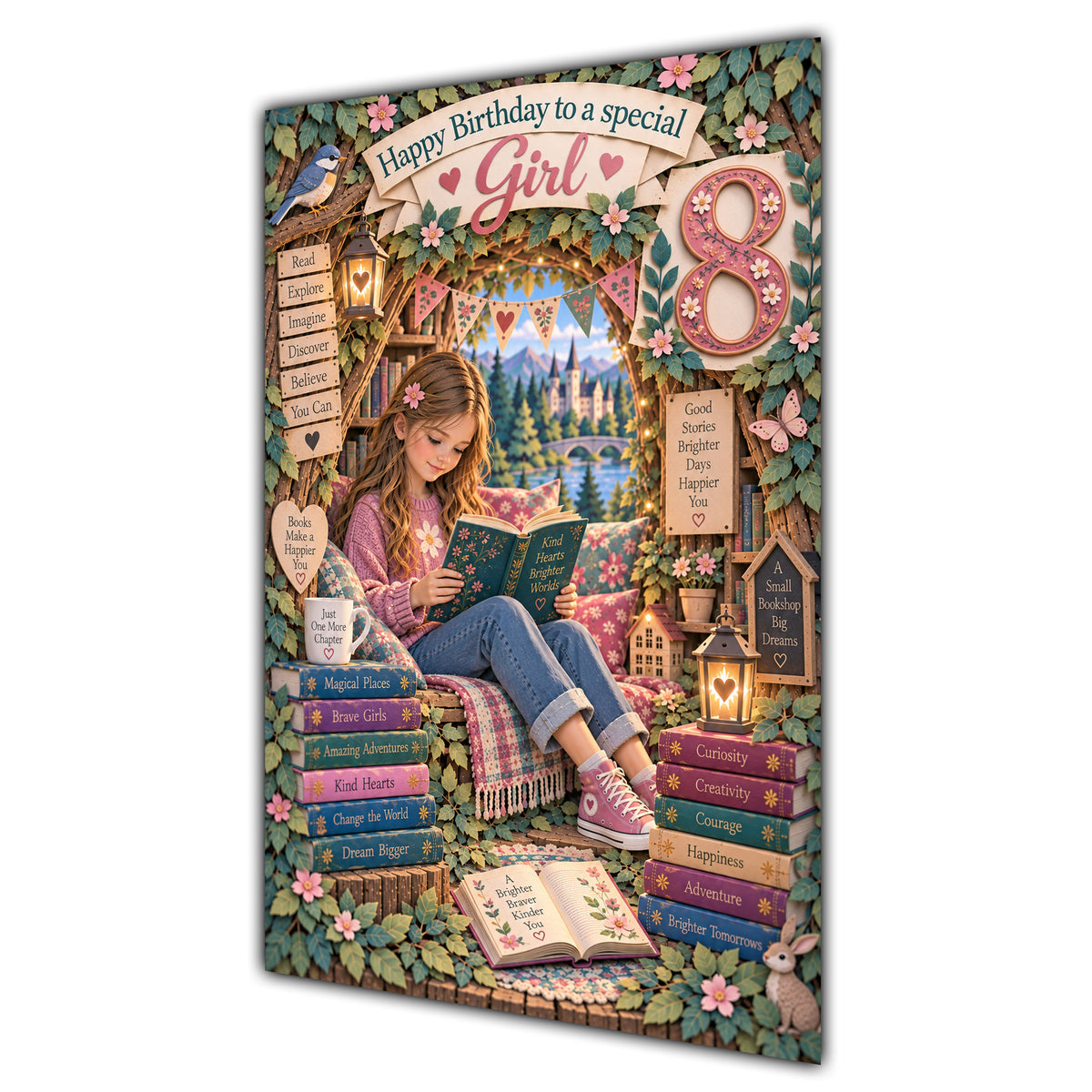 Girl 8th Birthday Card - Girl Reading a Book
